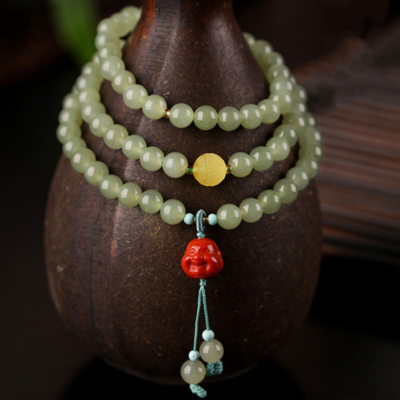 Nimara Ritual Jade Red Agate Amber Laughing Buddha Prosperity Bracelet