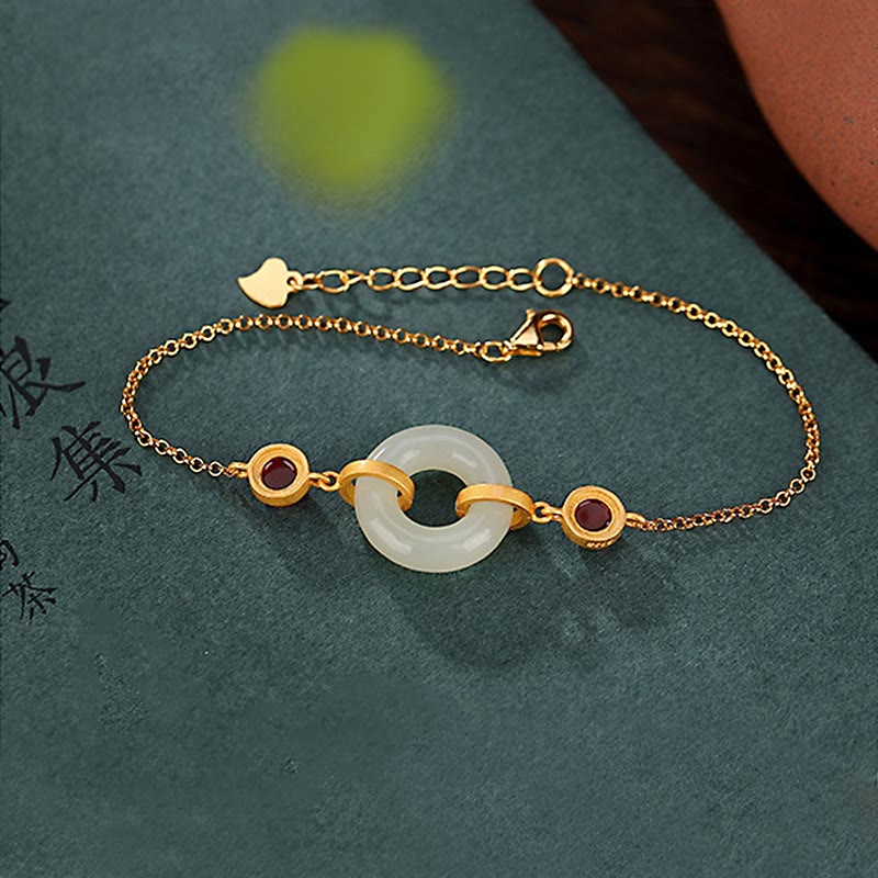 Nimara Ritual 925 Sterling Silver Plated Gold Natural Hetian Jade Peace Buckle Red Agate Luck Bracelet