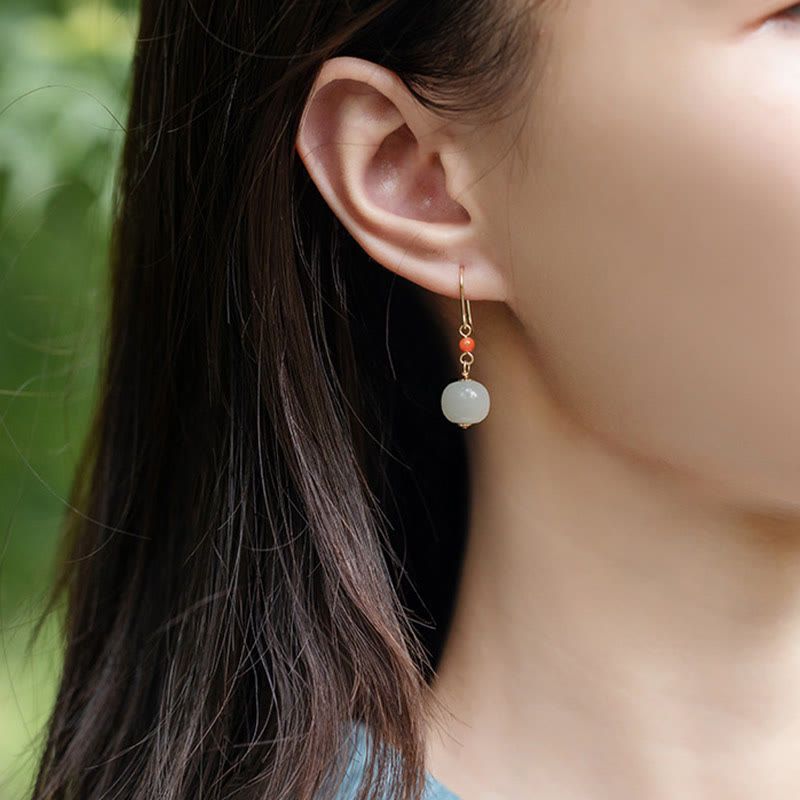 Nimara Ritual 925 Sterling Silver Plated 14k Gold Hetian Jade Red Agate Luck Drop Dangle Earrings