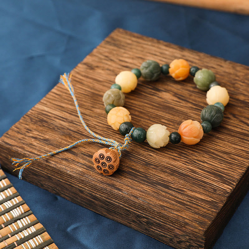 Nimara Ritual Bodhi Seed Lotus Bead Engraved Moss Agate Peace Calm Bracelet