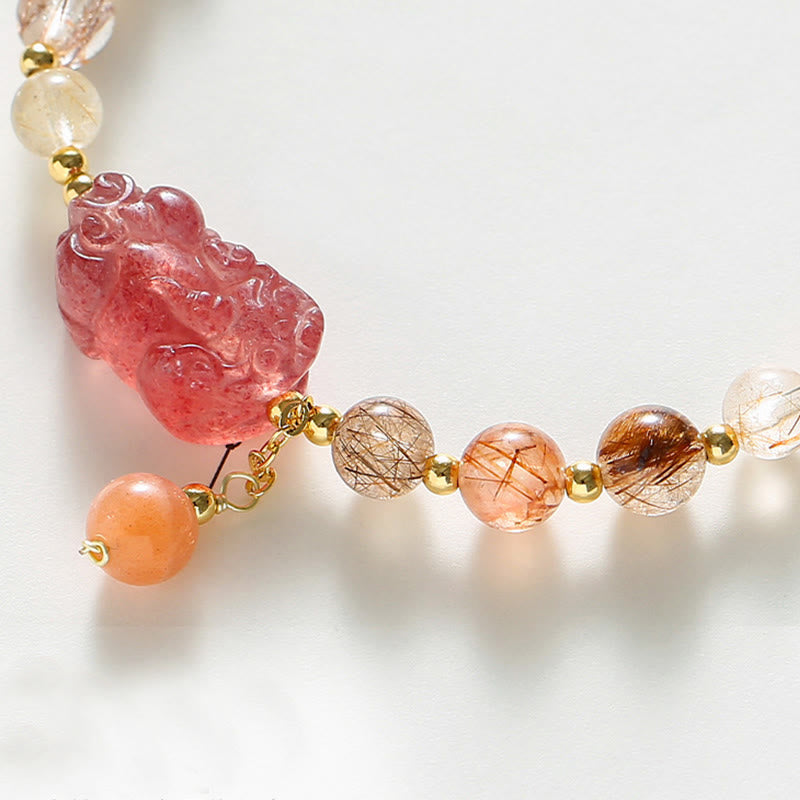 Nimara Ritual Natural Rutilated Quartz Strawberry Quartz PiXiu Wealth Bracelet