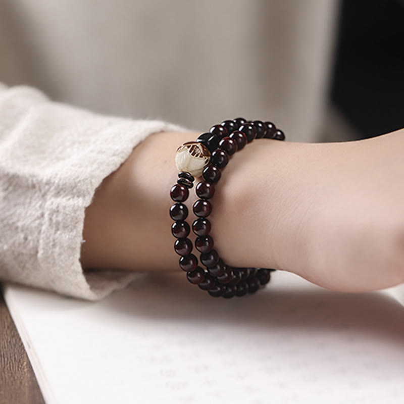 Nimara Ritual Small Leaf Red Sandalwood Lotus Bodhi Seed Carved Protection Double Wrap Bracelet