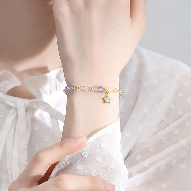 Nimara Ritual 14K Gold Plated Natural Strawberry Quartz Moonstone MAbius Loop Eternal Love Star Positive Bracelet
