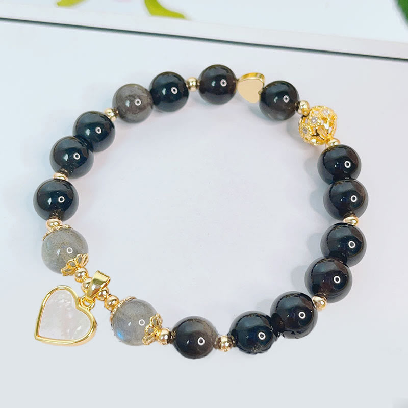 Nimara Ritual Natural Silver Sheen Obsidian Love Heart Star Flower Protection Bracelet