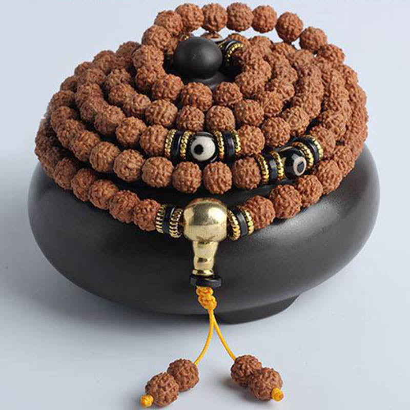 Nimara Ritual 108 Mala Beads Rudraksha Bodhi Seed Dzi Bead Luck Wealth Bracelet