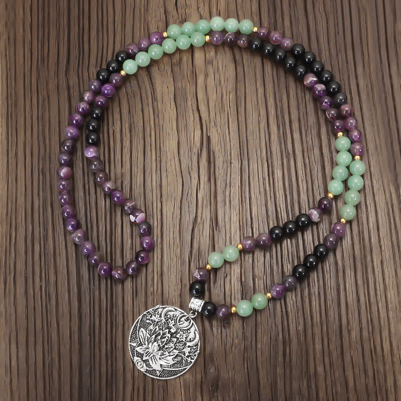 Nimara Ritual 108 Mala Beads Amethyst Green Aventurine Lotus Meditation Bracelet