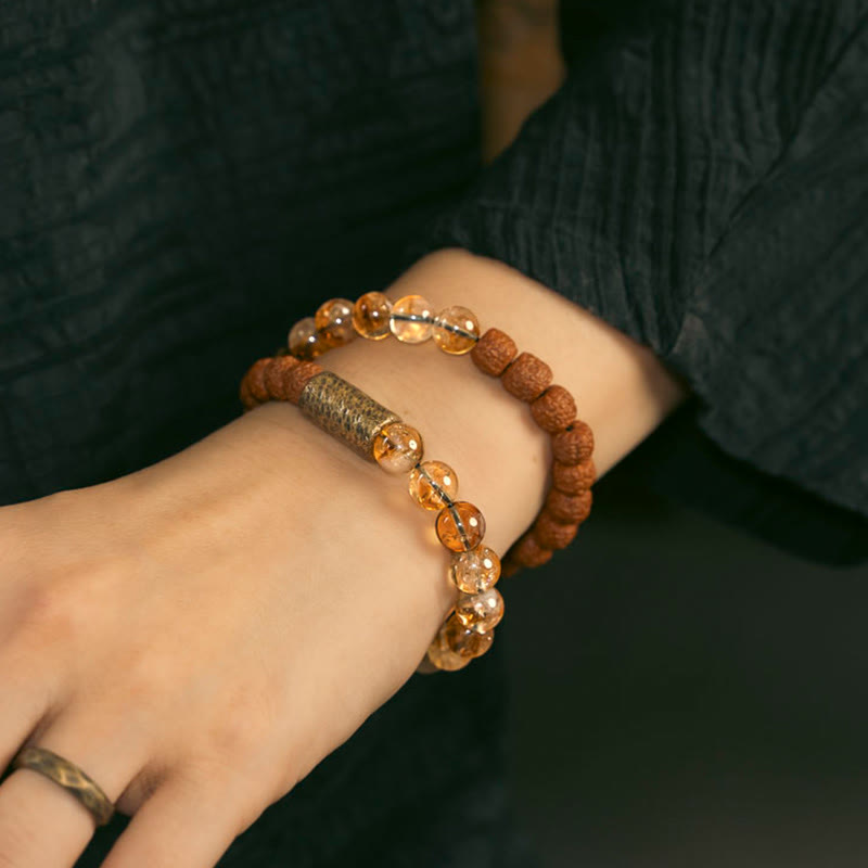 Nimara Ritual Natural Citrine Crystal Rudraksha Bodhi Seed Brass Bead Prosperity Double Wrap Bracelet