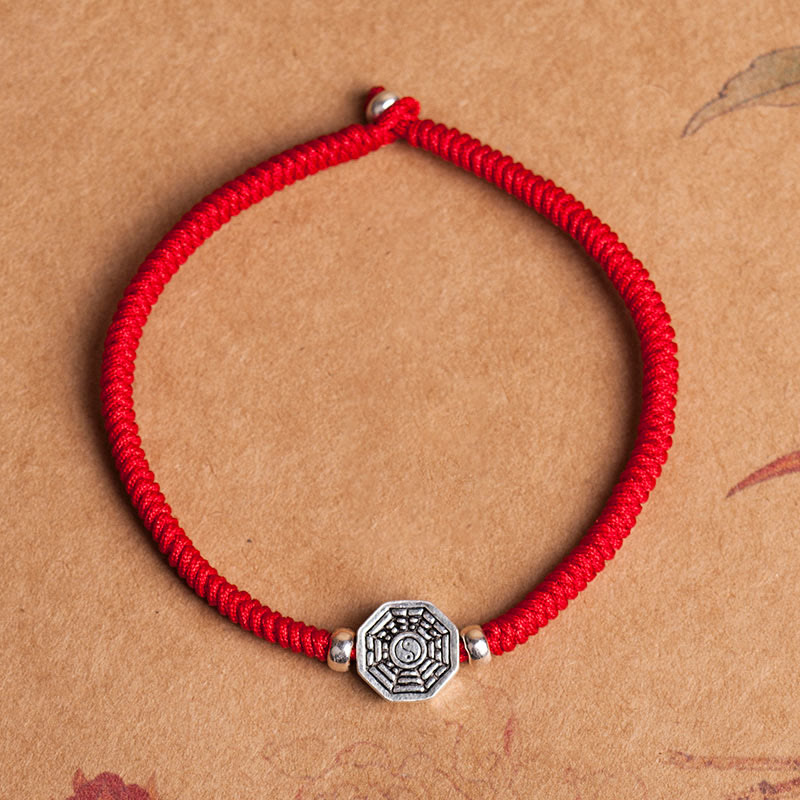 Nimara Ritual 925 Sterling Silver Yin Yang Bagua Symbol Cinnabar String Concentration Bracelet