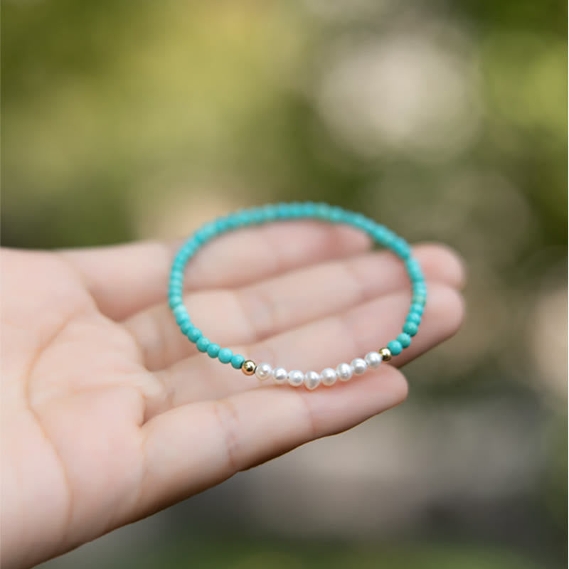 Nimara Ritual 925 Sterling Silver Natural Turquoise Pearl Beaded Bracelet