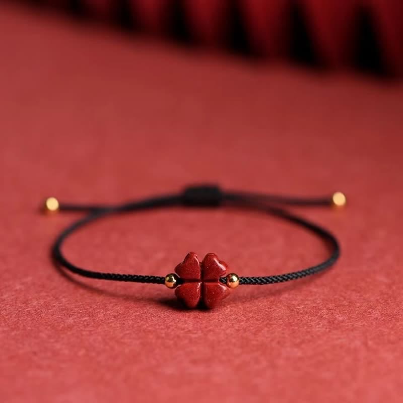 Nimara Ritual Natural Cinnabar Four Leaf Clover Blessing Red String Bracelet Anklet