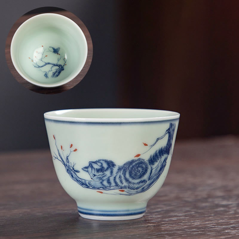 Nimara Ritual Blue Landscape Mountains Lotus Cute Cat Pavilions Magnolia Reed Egrets Ceramic Teacup Small Kung Fu Tea Cup
