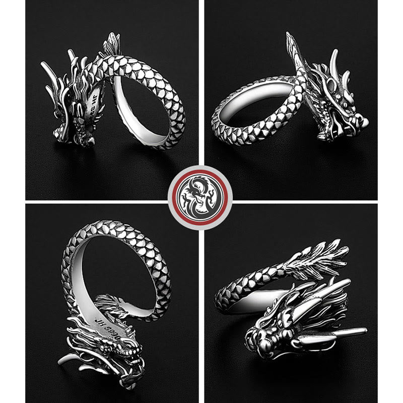 Nimara Ritual 990 Sterling Silver Vintage Dragon Design Luck Protection Strength Adjustable Ring