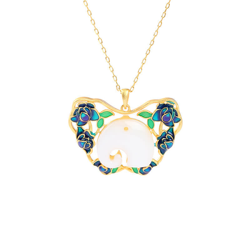 Nimara Ritual White Jade Elephant Butterfly Lotus Success Necklace Chain Pendant