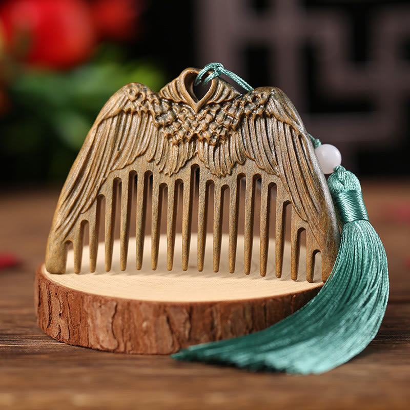 Nimara Ritual Green Sandalwood Fox Peony Flower Lotus Engraved Cure Tassel Comb