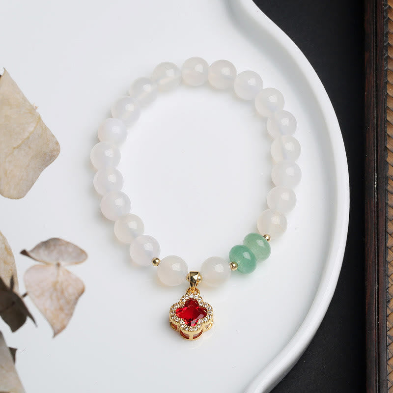 Nimara Ritual Natural White Agate Red Agate Money Bag Fu Character Four Leaf Clover Protection Bracelet