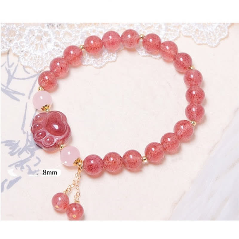 Nimara Ritual Natural Strawberry Quartz Pink Crystal Lucky Cat Paw Love Bracelet