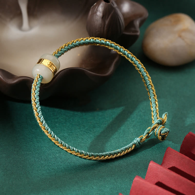 Nimara Ritual 999 Gold Hetian White Jade Om Mani Padme Hum Fu Character Luck Braided Bracelet