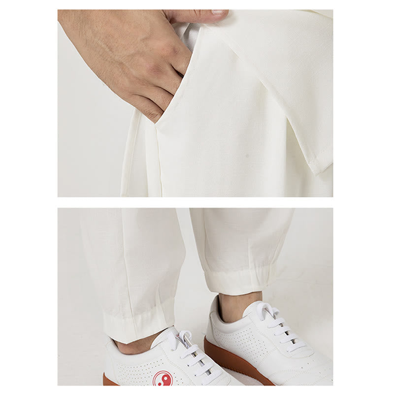 Nimara Ritual 2Pcs Buttons Men's Three Quarter Sleeve Shirt Top Pants Meditation Zen Tai Chi Cotton Linen Clothing Set