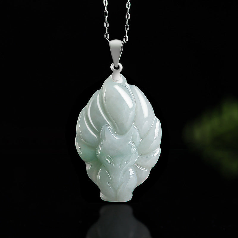 Nimara Ritual Natural Jade Nine Tailed Fox Prosperity Titanium Steel Chain Necklace Pendant