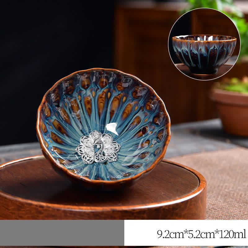 Nimara Ritual Lotus Peacock Dragon Phoenix Koi Fish Ceramic Teacup Inlaid Tea Cups 120ml