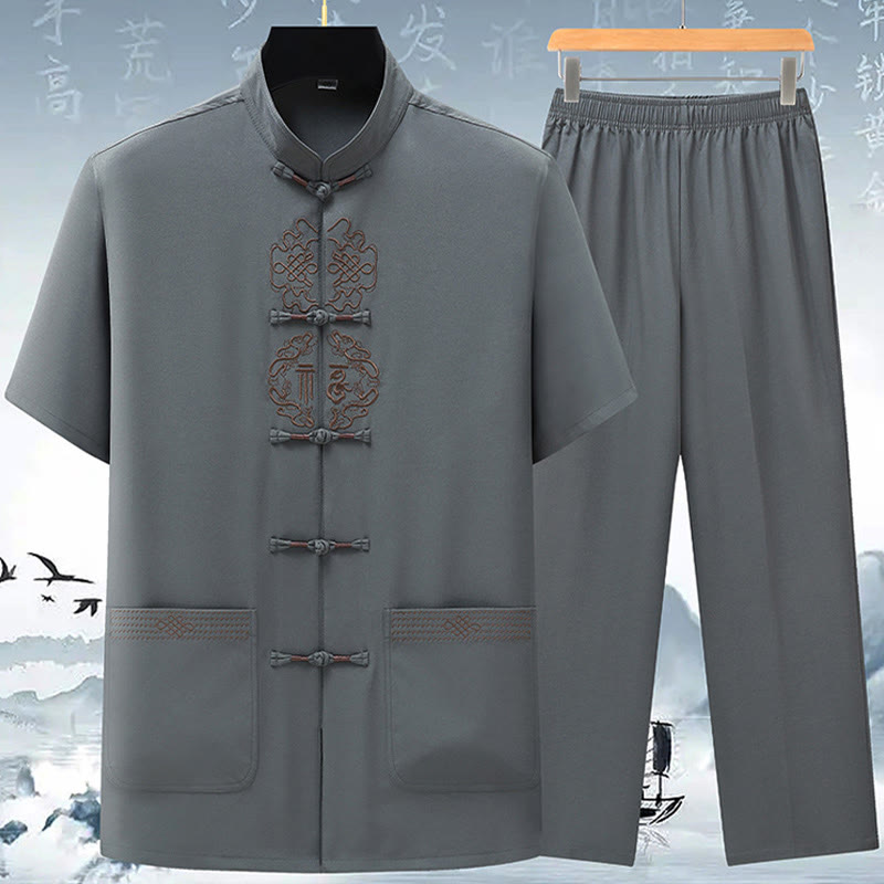 Nimara Ritual Fu Character Chinese Knotting Embroidery Tang Suit Traditional Short Sleeve Top Pants Clothing Men's Set