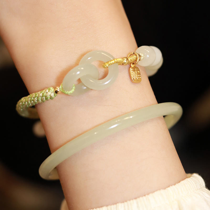 Nimara Ritual Natural Hetian Jade Bead Double Peace Buckle Fu Character Abundance Braided Bracelet