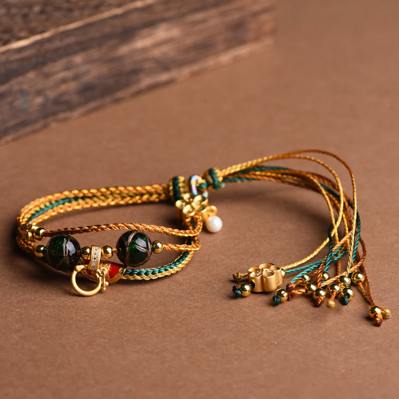 Nimara Ritual Tibetan Handmade Rope Liuli Glass Bead Braided Multilayered Healing Bracelet