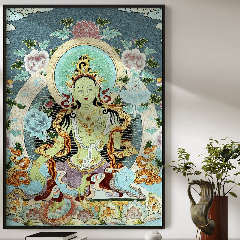 Nimara Ritual Tibetan Embroidery White Tara Thangka Tapestry Wall Hanging Wall Art Meditation for Home Decor