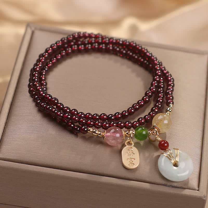 Nimara Ritual Natural Garnet Strawberry Quartz Crystal Fox Koi Fish Peace Buckle Fortune Protection Triple Wrap Bracelet