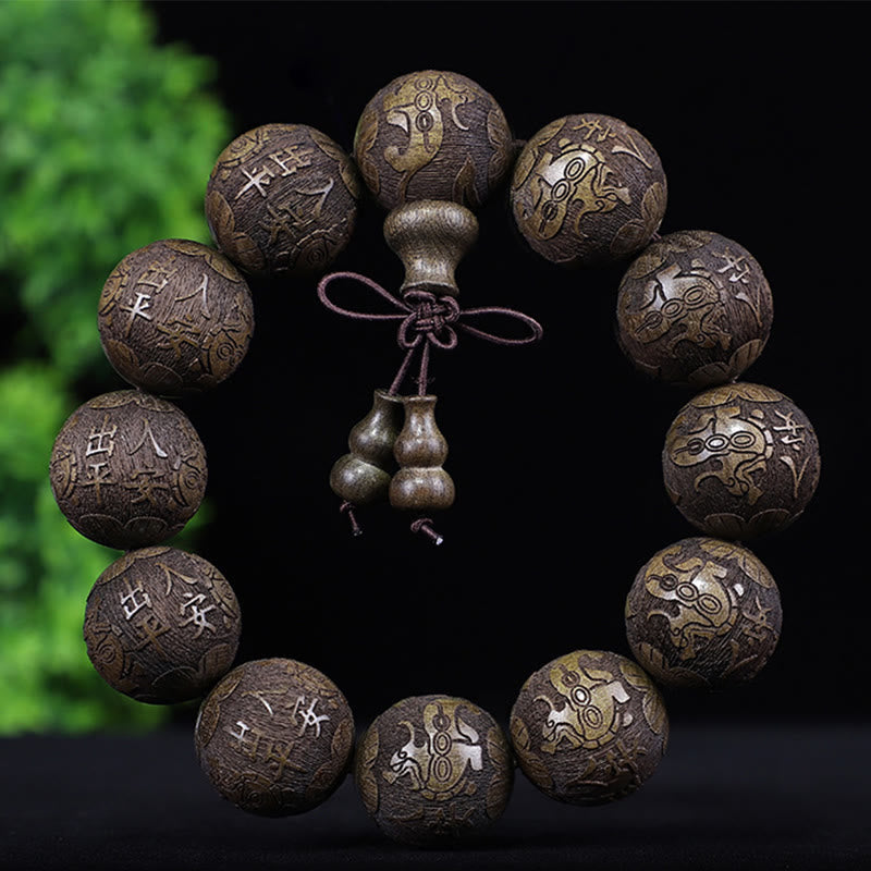 Nimara Ritual Chinese Zodiac Rosewood Ebony Copper Coin PiXiu Carved Warmth Bracelet
