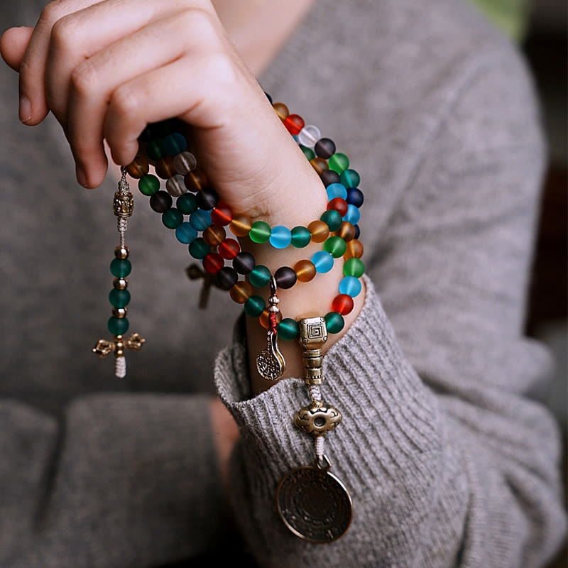 Nimara Ritual Tibetan 108 Mala Beads Multicolored Liuli Glass Bead Chinese Zodiac Nine Palaces Eight Diagrams Charm Bracelet