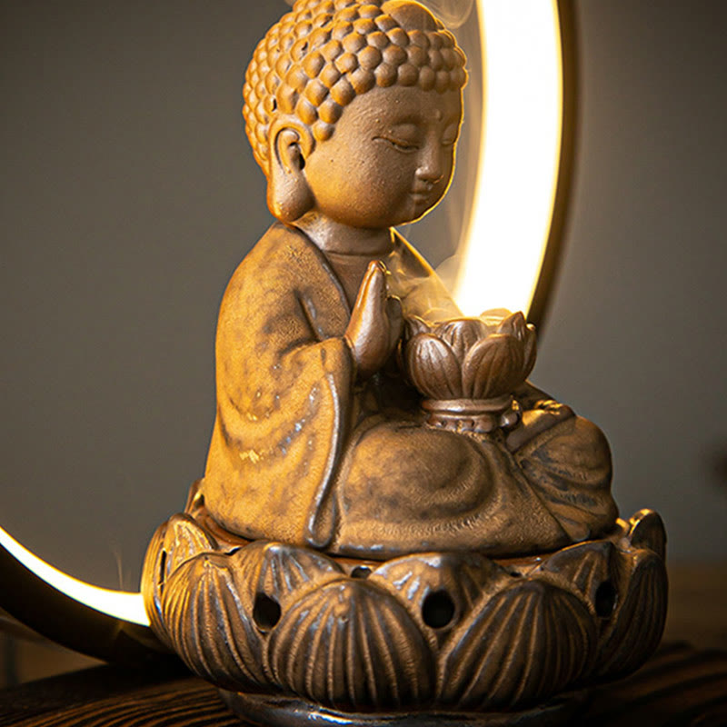 Nimara Ritual Buddha Lotus Backflow Smoke Fountain Ceramic Blessing Incense Burner With Light Decoration