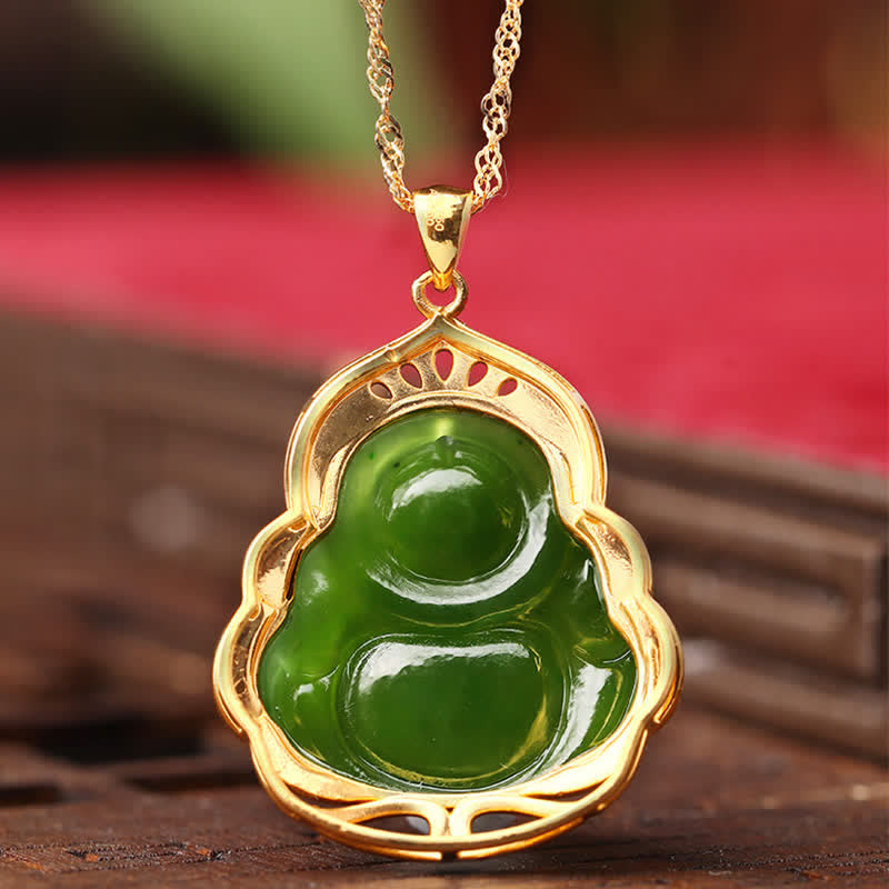 Nimara Ritual 925 Sterling Silver Natural Hetian Cyan Jade Laughing Buddha 18K Gold Healing Necklace Chain Pendant