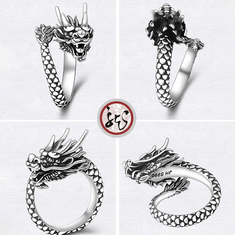 Nimara Ritual 990 Sterling Silver Vintage Dragon Design Luck Protection Strength Adjustable Ring