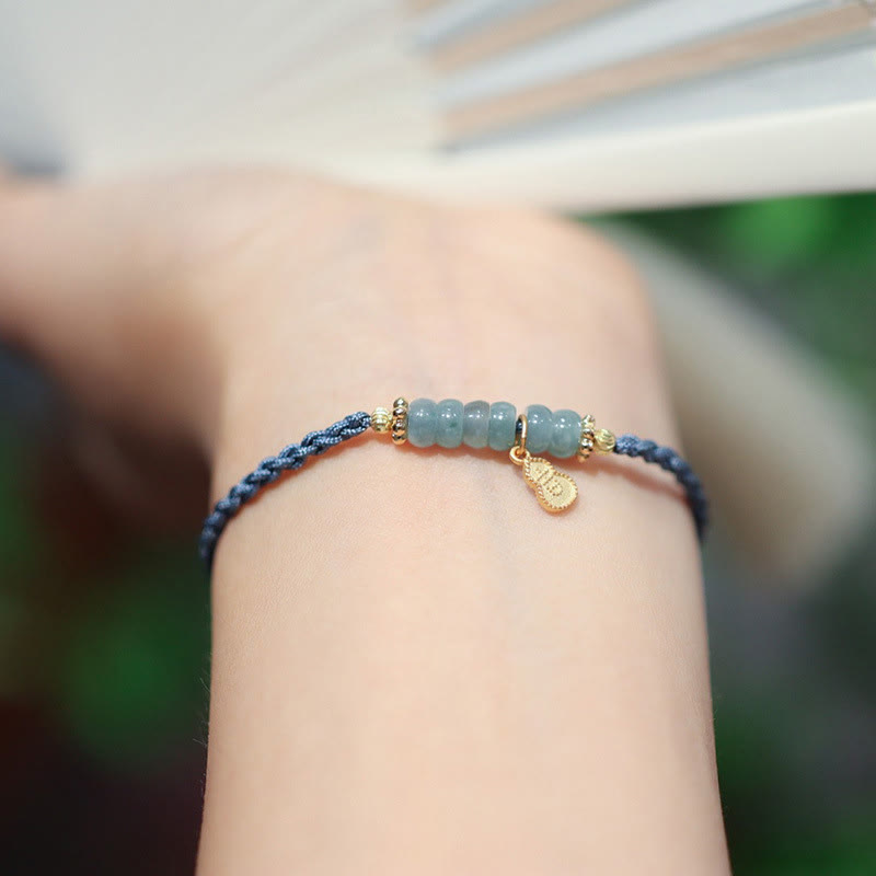 Nimara Ritual 925 Sterling Silver Natural Jade Gourd Rutilated Quartz Fu Character Luck Braid Bracelet