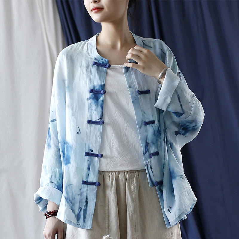 Nimara Ritual Tie Dye Blue Flowers Frog-Button Design Long Sleeve Ramie Linen Jacket Shirt