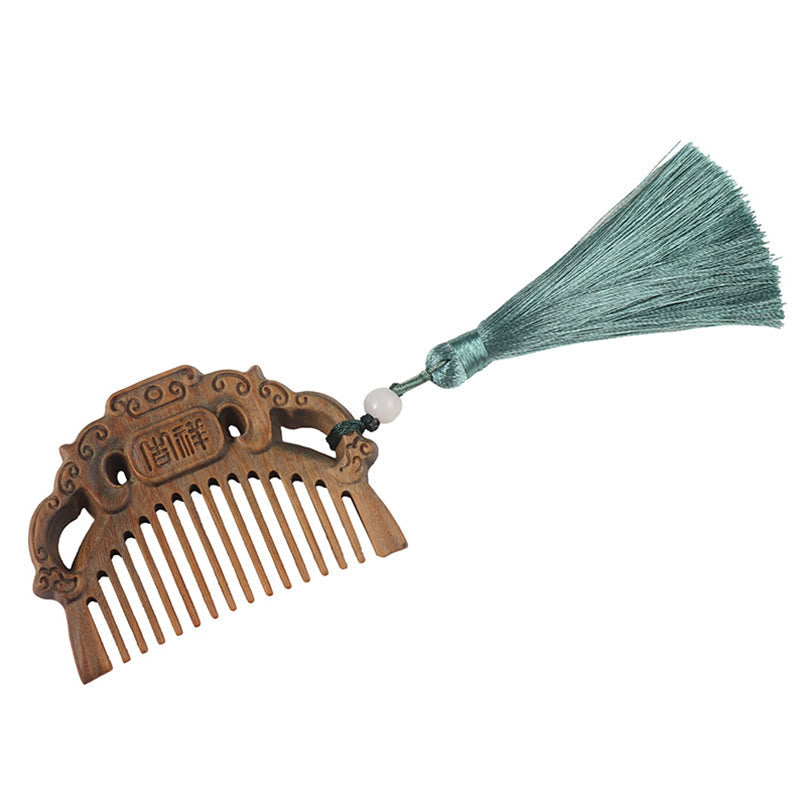 Nimara Ritual Green Sandalwood Fox Peony Flower Lotus Engraved Cure Tassel Comb