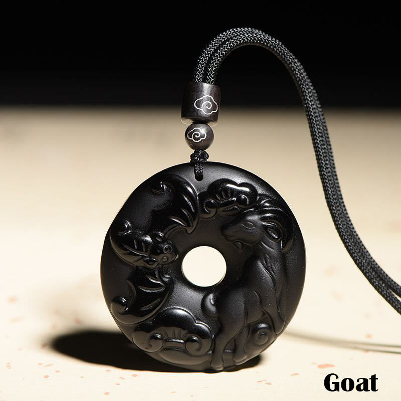 Nimara Ritual Chinese Zodiac Natural Black Obsidian Peace Buckle Strength Necklace Pendant