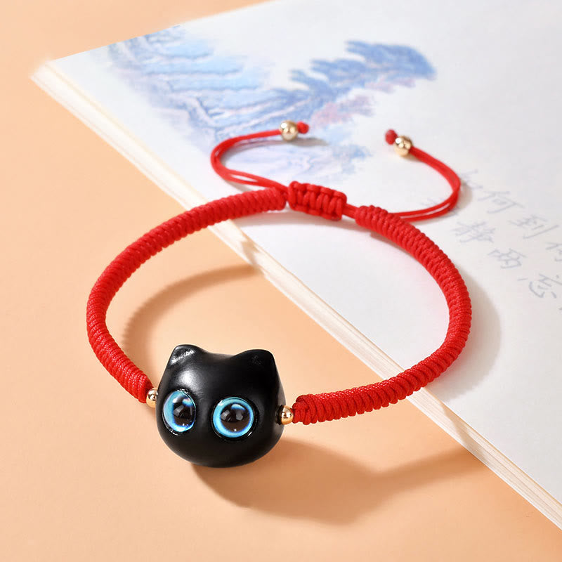 Nimara Ritual Ebony Wood Cat Head Pattern Peace King Kong Knot Braided Bracelet