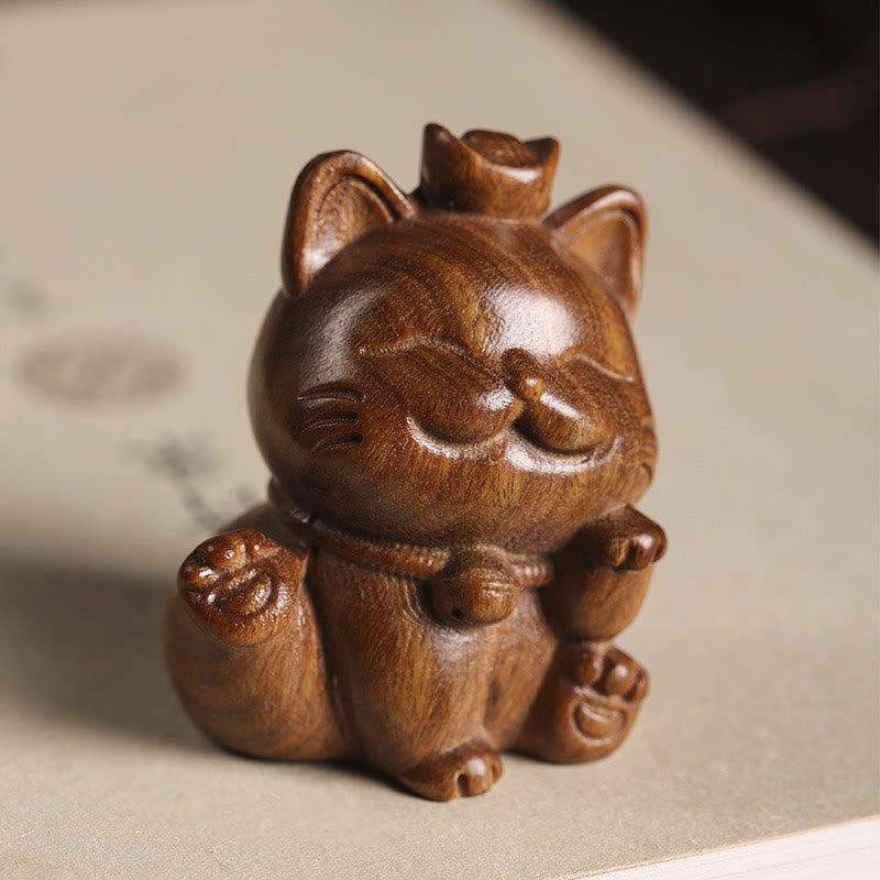 Nimara Ritual Mini Green Sandalwood Ingot Lucky Cat Carved Peace Desk Decorations