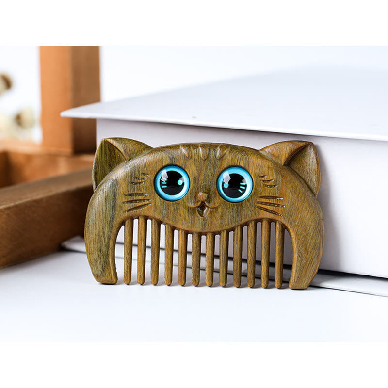 Nimara Ritual Simple Cat Pattern Green Sandalwood Cure Portable Comb