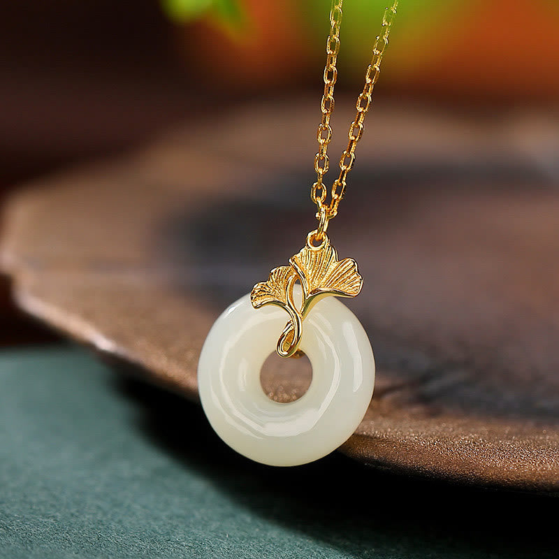 Nimara Ritual 925 Sterling Silver Natural Hetian Jade Ginkgo Leaf Peace Buckle Luck Necklace Pendant