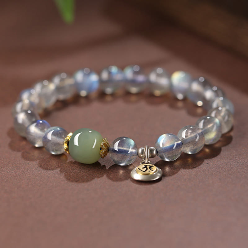 Nimara Ritual Chinese Zodiac Natal Buddha 925 Sterling Silver Natural Moonstone Hetian Jade Positive Bracelet