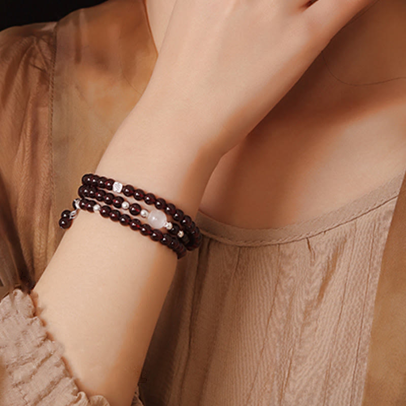 Nimara Ritual 925 Sterling Silver Natural Garnet Cat Eye Protection Triple Wrap Bracelet