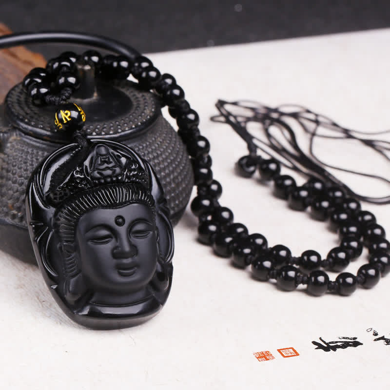 Nimara Ritual Natural Black Obsidian Kwan Yin Avalokitesvara Strength String Necklace Pendant