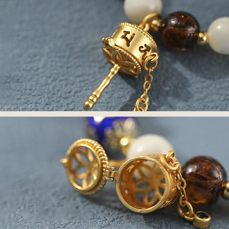 Nimara Ritual Tibetan Incense Ash Liuli Glass Tridacna Stone Sun Stone Om Mani Padme Hum Prayer Wheel Charm Bracelet
