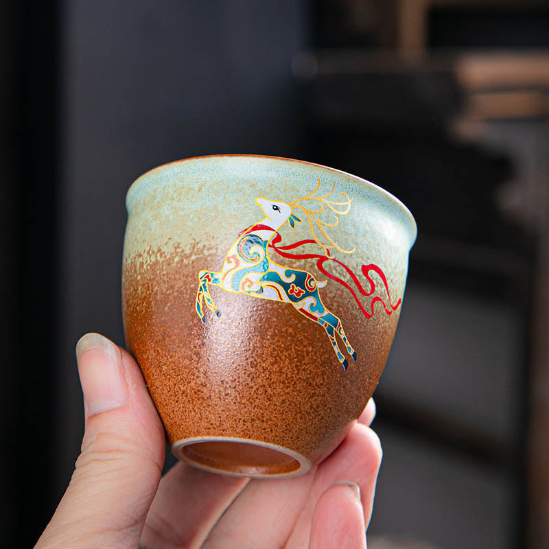 Nimara Ritual Colorful Deer Pipa Snow Plum Blossoms Mountains Rivers Bird Ceramic Teacup Kung Fu Tea Cup Bowl
