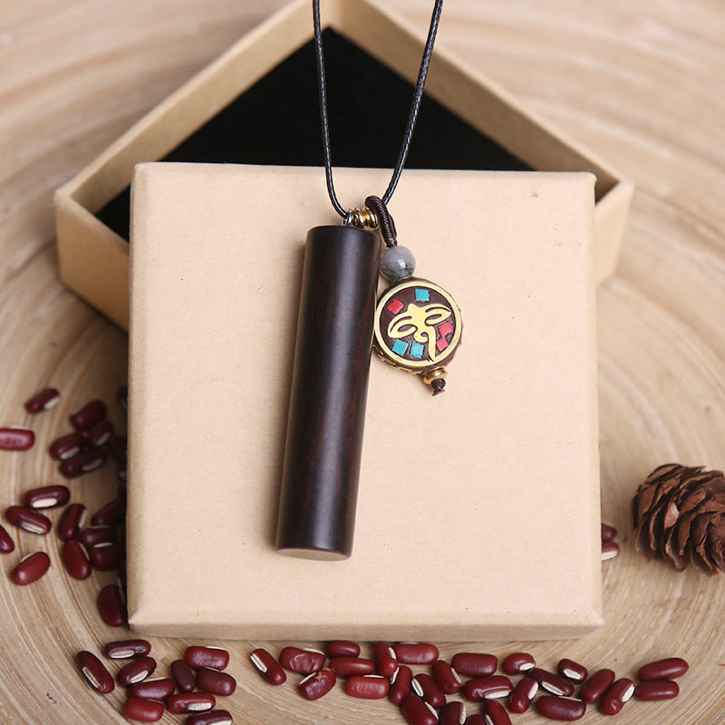 Nimara Ritual Tibetan Ebony Wood Dzi Bead Peace Calm Necklace Pendant