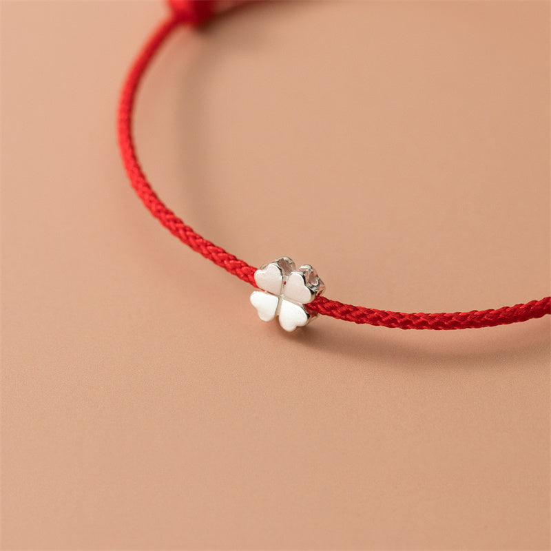 Nimara Ritual 925 Sterling Silver Four Leaf Clover Red Rope Bracelet