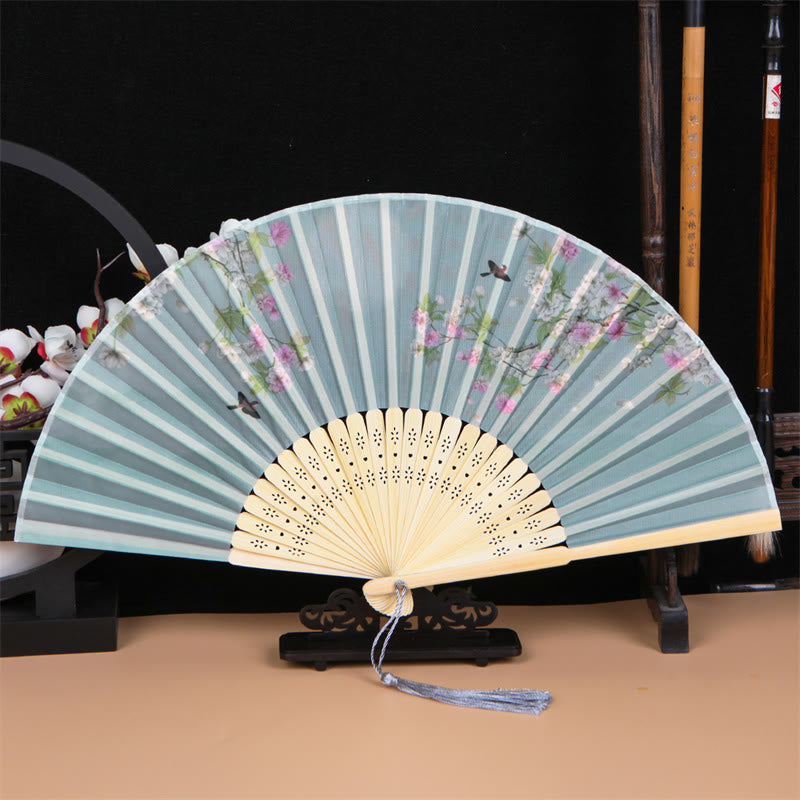 Nimara Ritual Classic Birds Singing Flowers Handheld Bamboo Folding Fan
